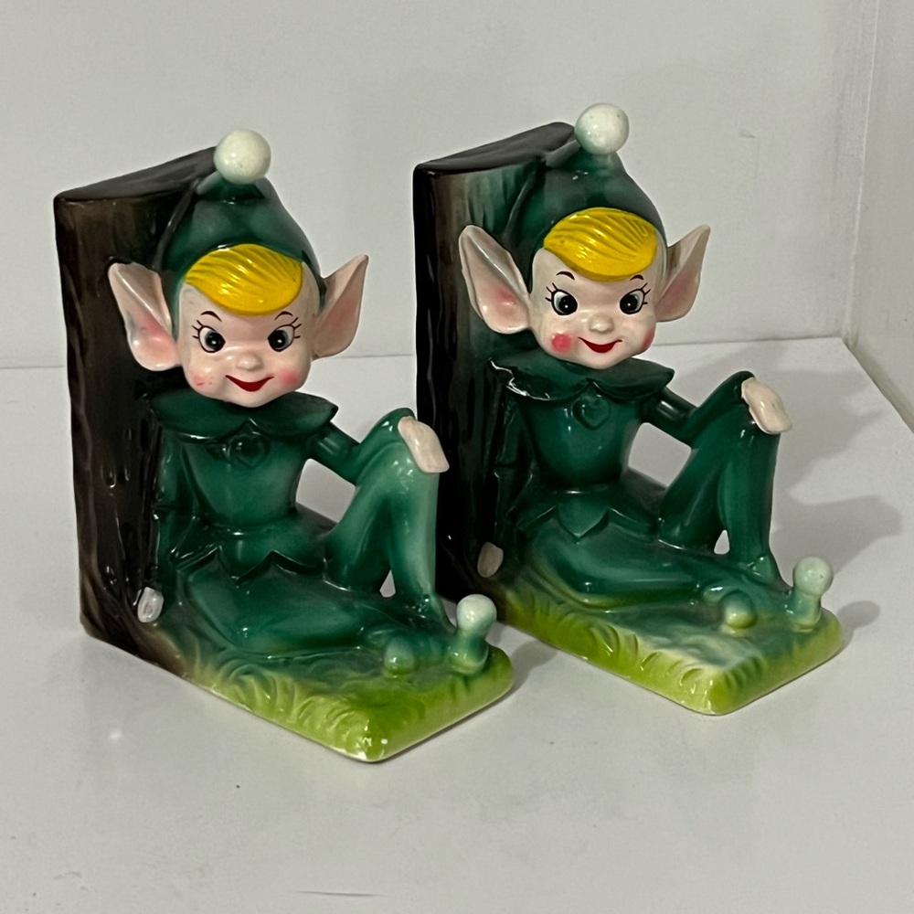 Vintage Pair of MCM Pixie / Elf Ceramic Glazed Bookends